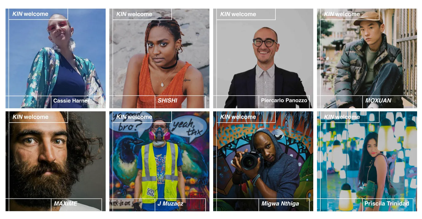 Grid of KIN welcome portraits showing eight creative experts working with Crowd DNA