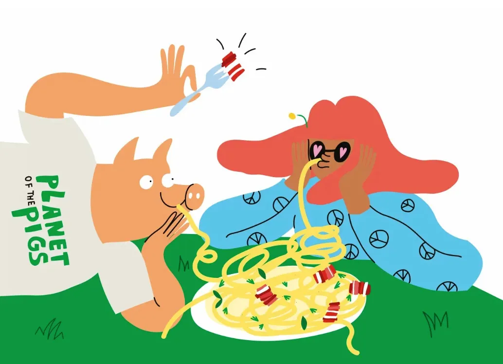 Illustration of a woman and pig eating spaghetti