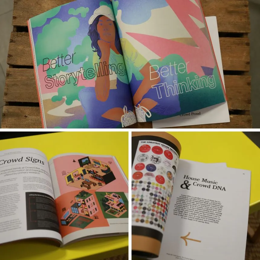 Spreads from Crowd DNA's How We Work With Culture book, including Crowd Signs and house music pages