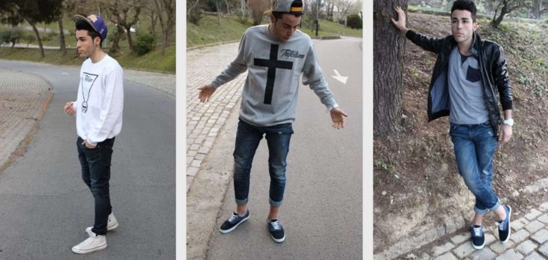 Three street-style photos of young men in caps, jeans and trainers from consumer Pinterest boards