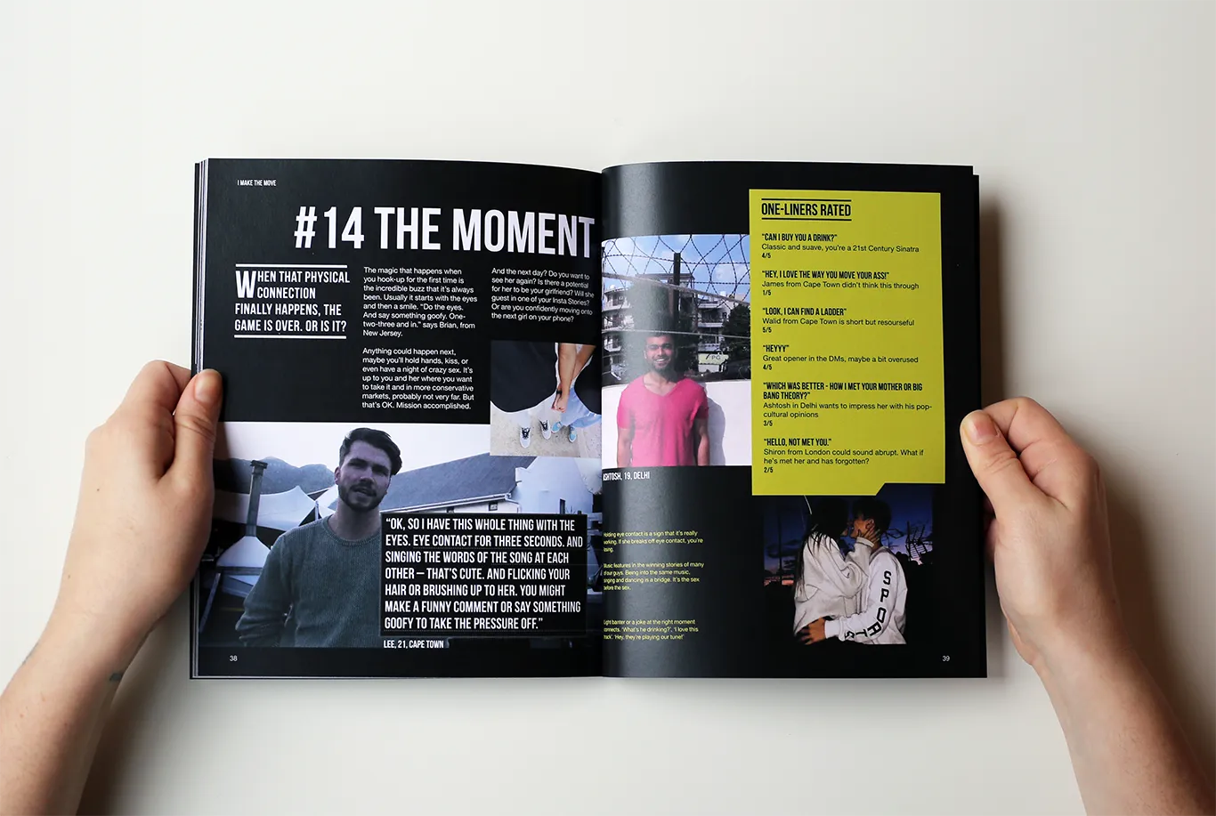 Hands holding open the Axe dating research book at a spread with quotes from young men in Cape Town and Delhi