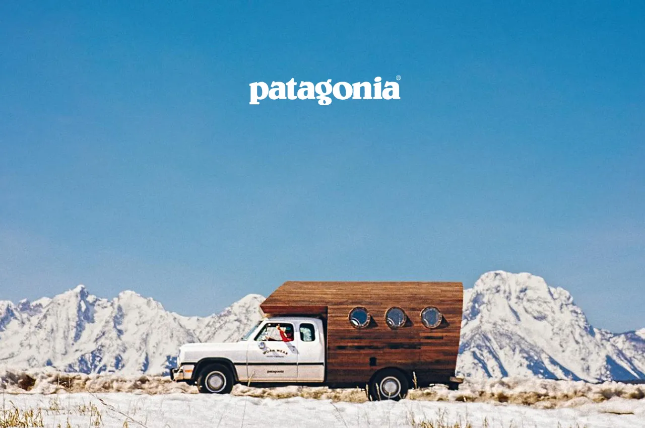Patagonia logo above a wood-panelled camper truck in snowy mountains, from a European brand strategy study