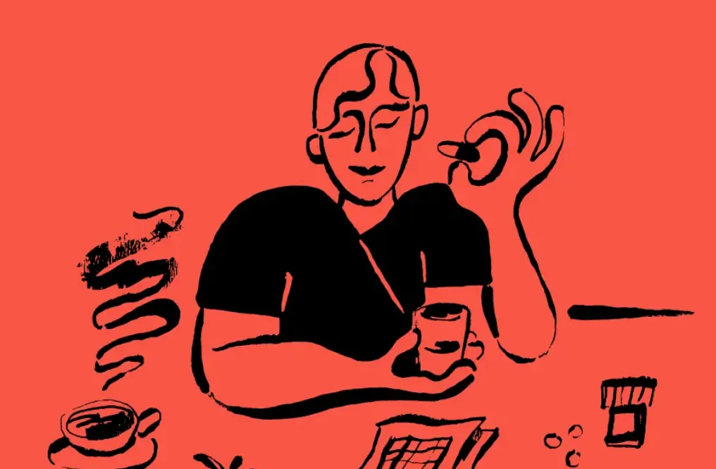 Illustration of a person sitting beside the table